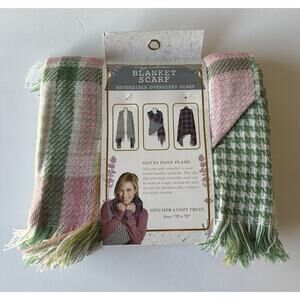 NEW Blanket Scarf Cozy Collection Reversible Sage, Pink And Green Plaid 29"x 78"